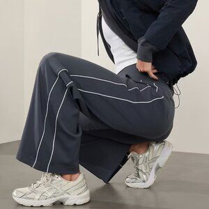 Athleta Venice High Rise Track Wide Leg Pant Granite Blue White Stripe Large